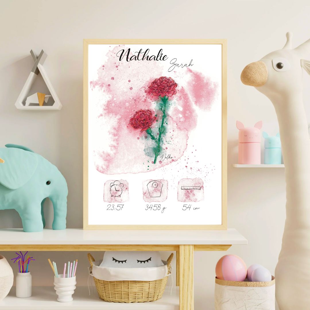 Personalisiertes Geburtsposter: Geburtsblume Januar Nelke | Bunt