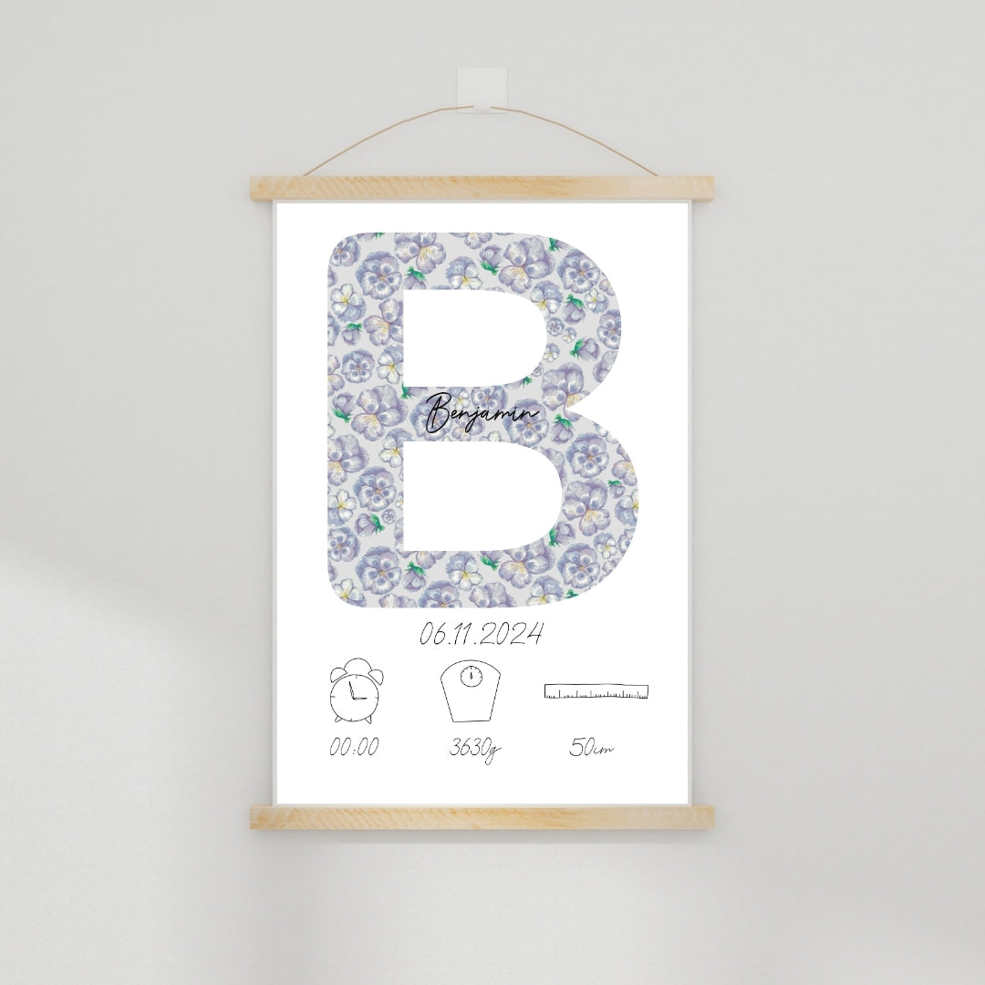 Personalisiertes Geburtsposter: Buchstaben | Veilchenmuster