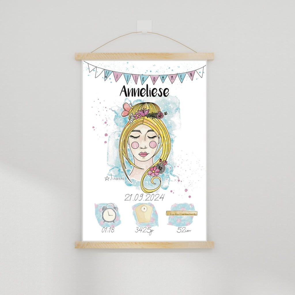 Personalisiertes Geburtsposter: Sternzeichen Jungfrau | 24. August - 23. September