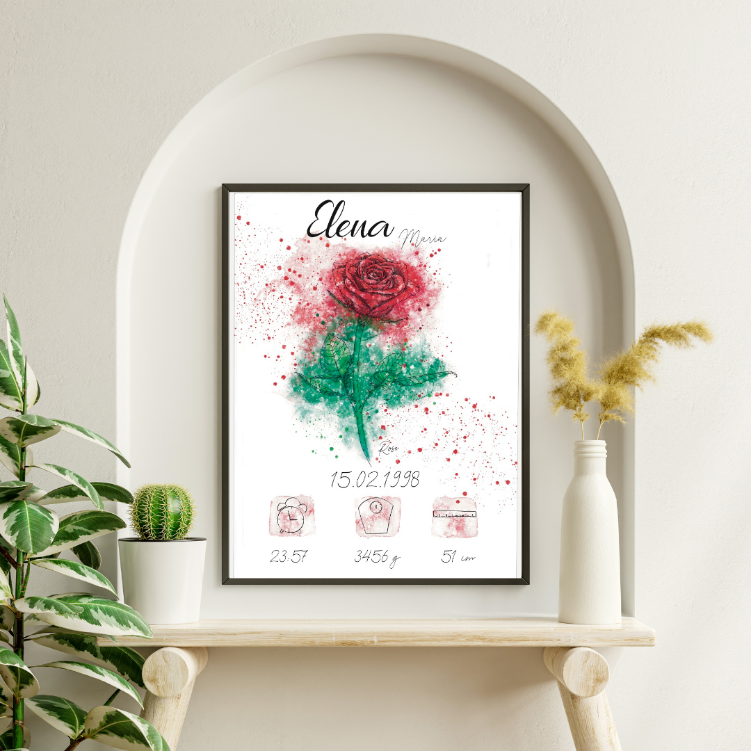 Personalisiertes Geburtsposter: Geburtsblume Juni Rose | Bunt