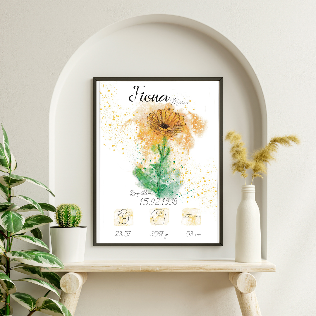 Personalisiertes Geburtsposter: Geburtsblume Oktober Ringelblume | Bunt