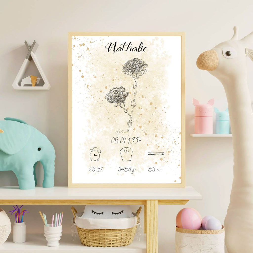 Personalisiertes Geburtsposter: Geburtsblume Januar Nelke | Beige
