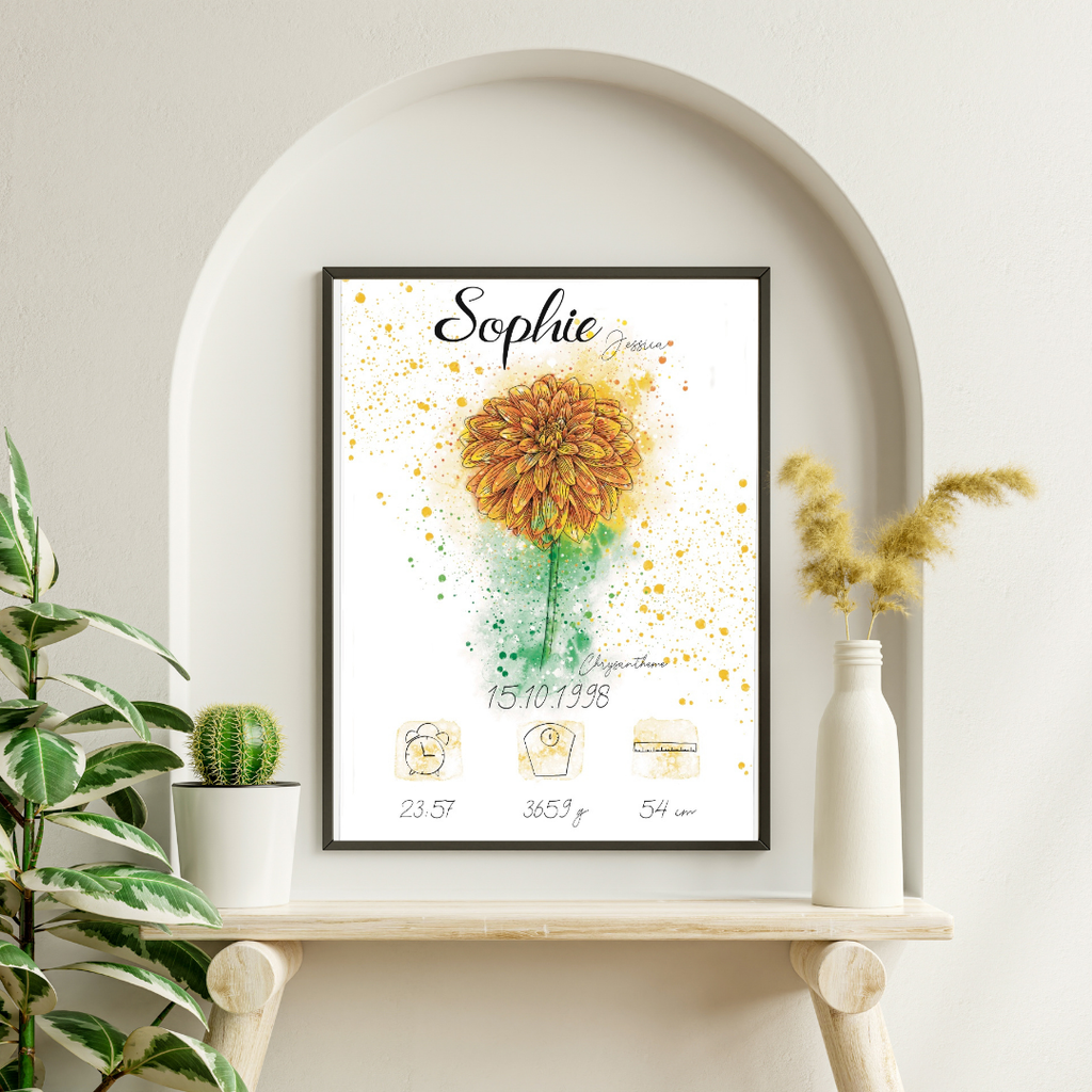 Personalisiertes Geburtsposter: Geburtsblume November Chrysantheme | Bunt