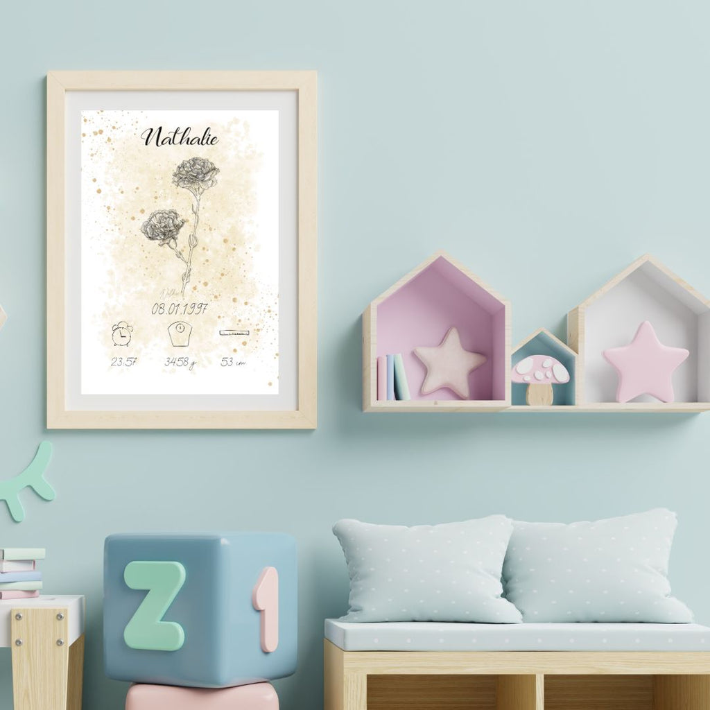 Personalisiertes Geburtsposter: Geburtsblume Januar Nelke | Beige
