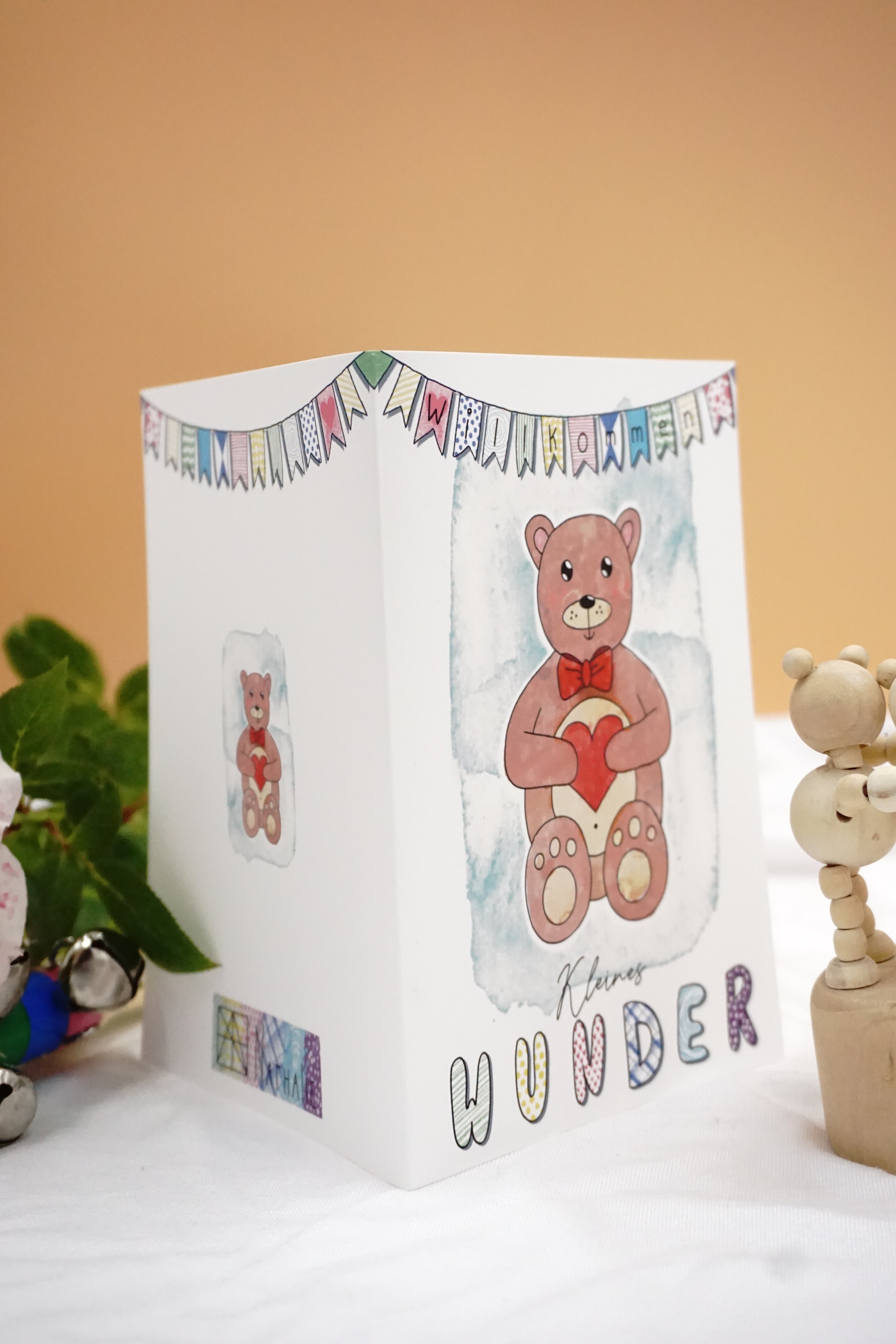 Karte zur Geburt Teddy mit Herz