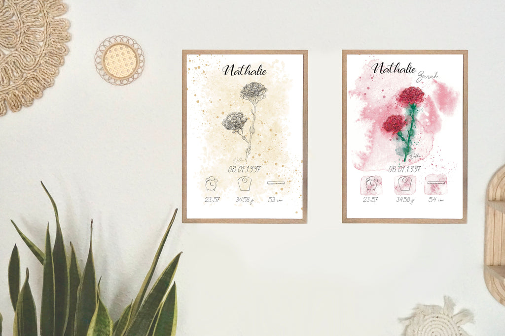 Personalisiertes Geburtsposter: Geburtsblume Januar Nelke | Bunt