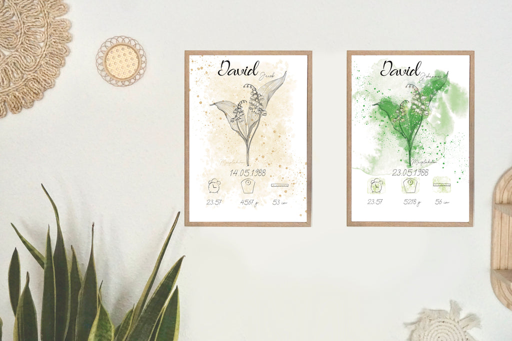 Personalisiertes Geburtsposter: Geburtsblume Mai Maiglöckchen | Beige
