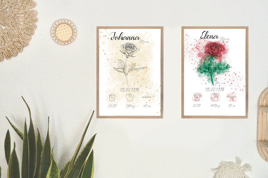 Personalisiertes Geburtsposter: Geburtsblume Juni Rose | Beige
