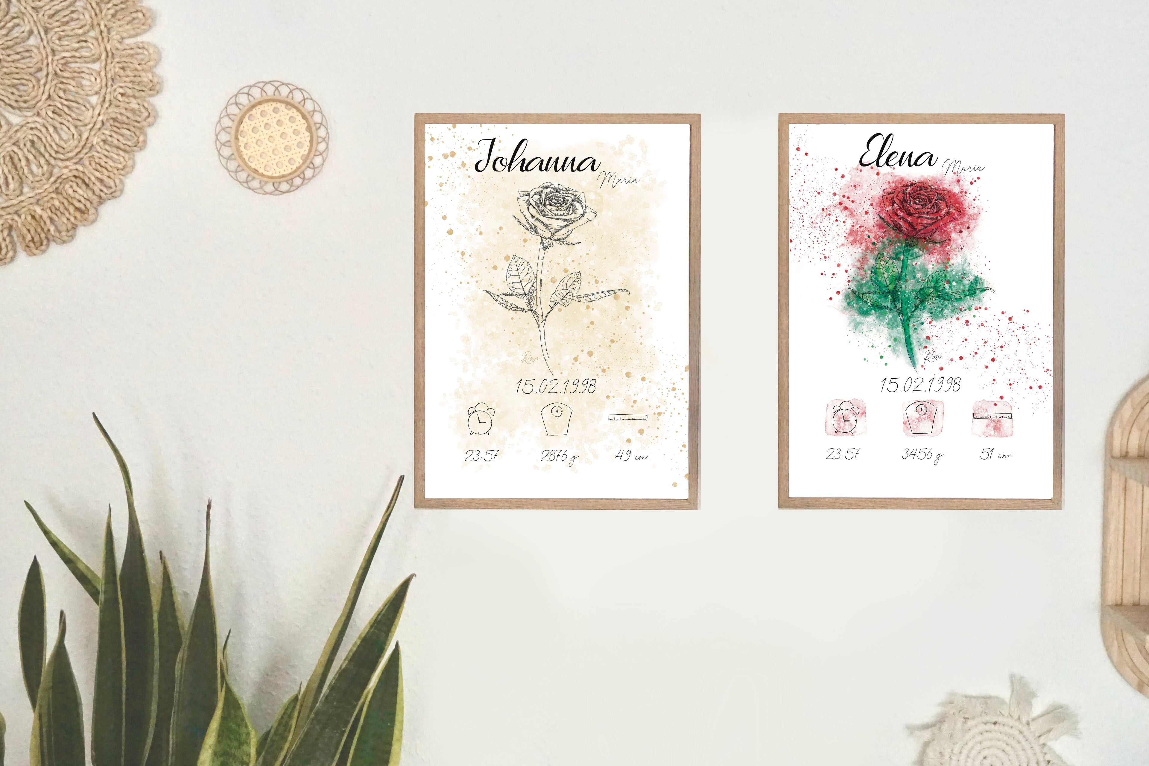 Personalisiertes Geburtsposter: Geburtsblume Juni Rose | Bunt