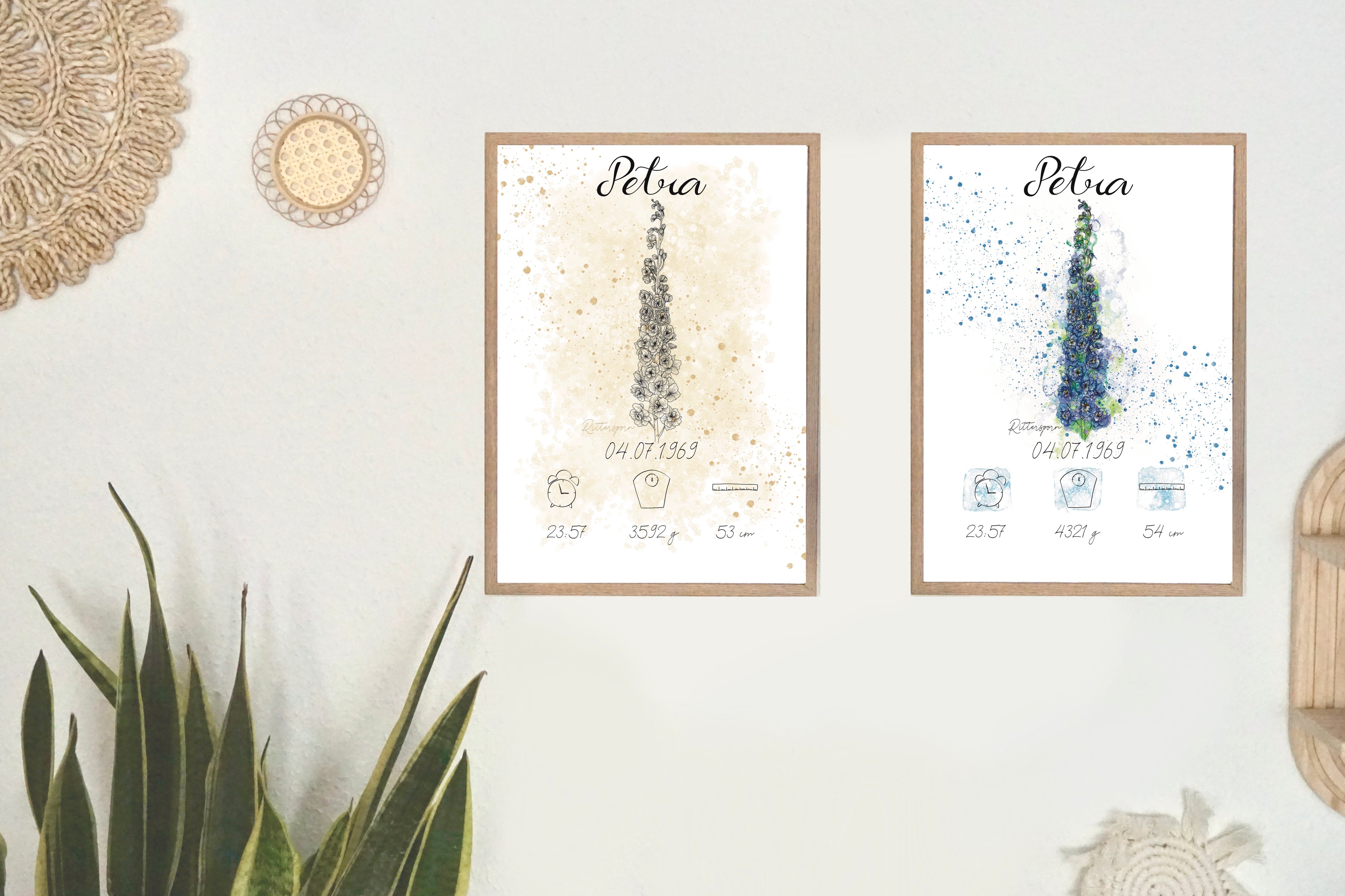 Personalisiertes Geburtsposter: Geburtsblume Juli Rittersporn | Beige