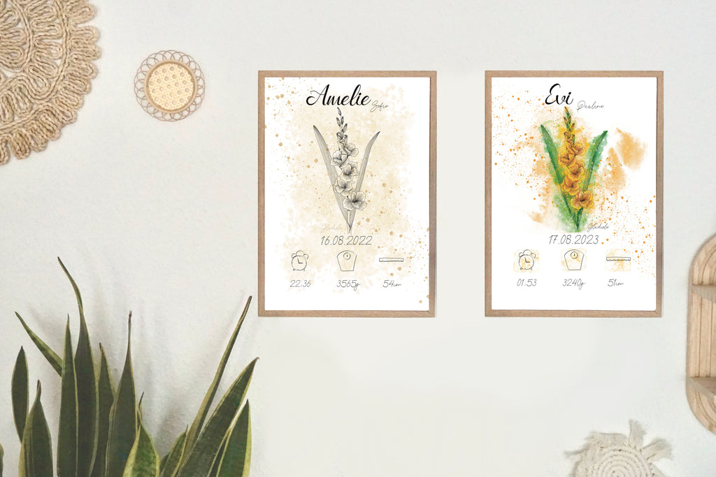 Personalisiertes Geburtsposter: Geburtsblume August Gladiole | Bunt