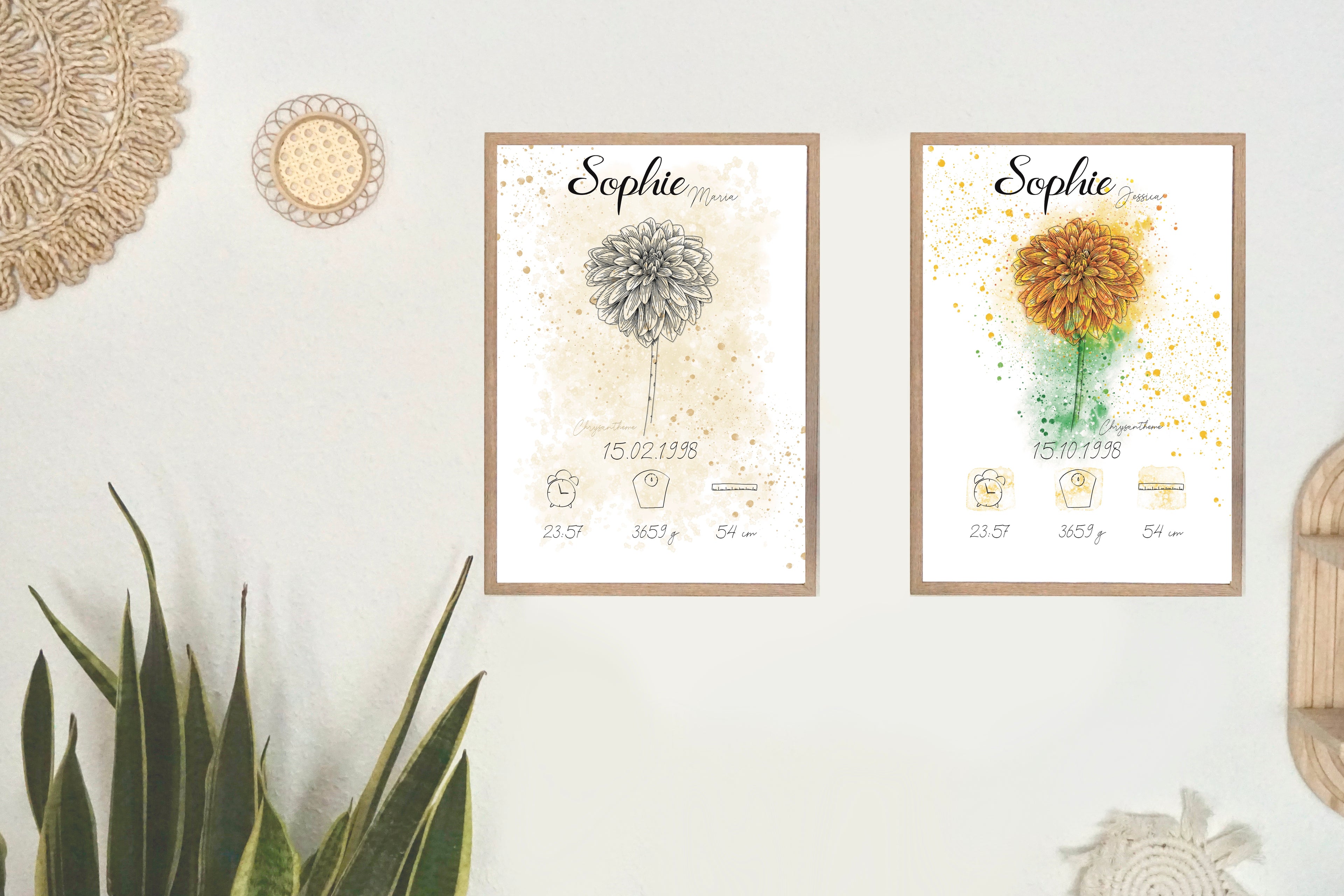 Personalisiertes Geburtsposter: Geburtsblume November Chrysantheme | Beige