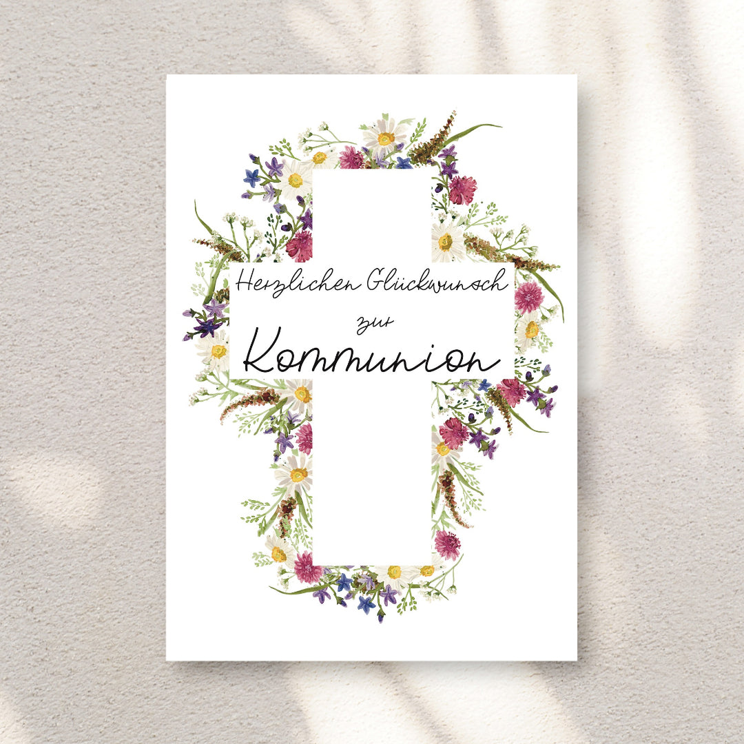 Kommunion Karte Kreuz mit Wiesenblumen