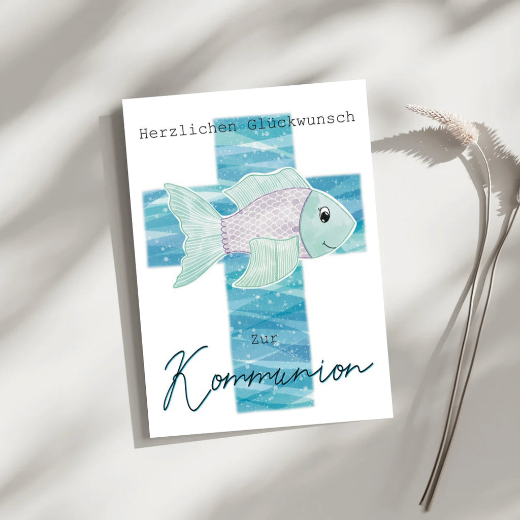 Kommunion Karte Kreuz mit Fisch