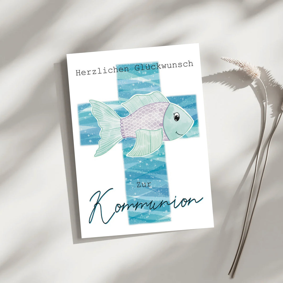 Kommunion Karte Kreuz mit Fisch