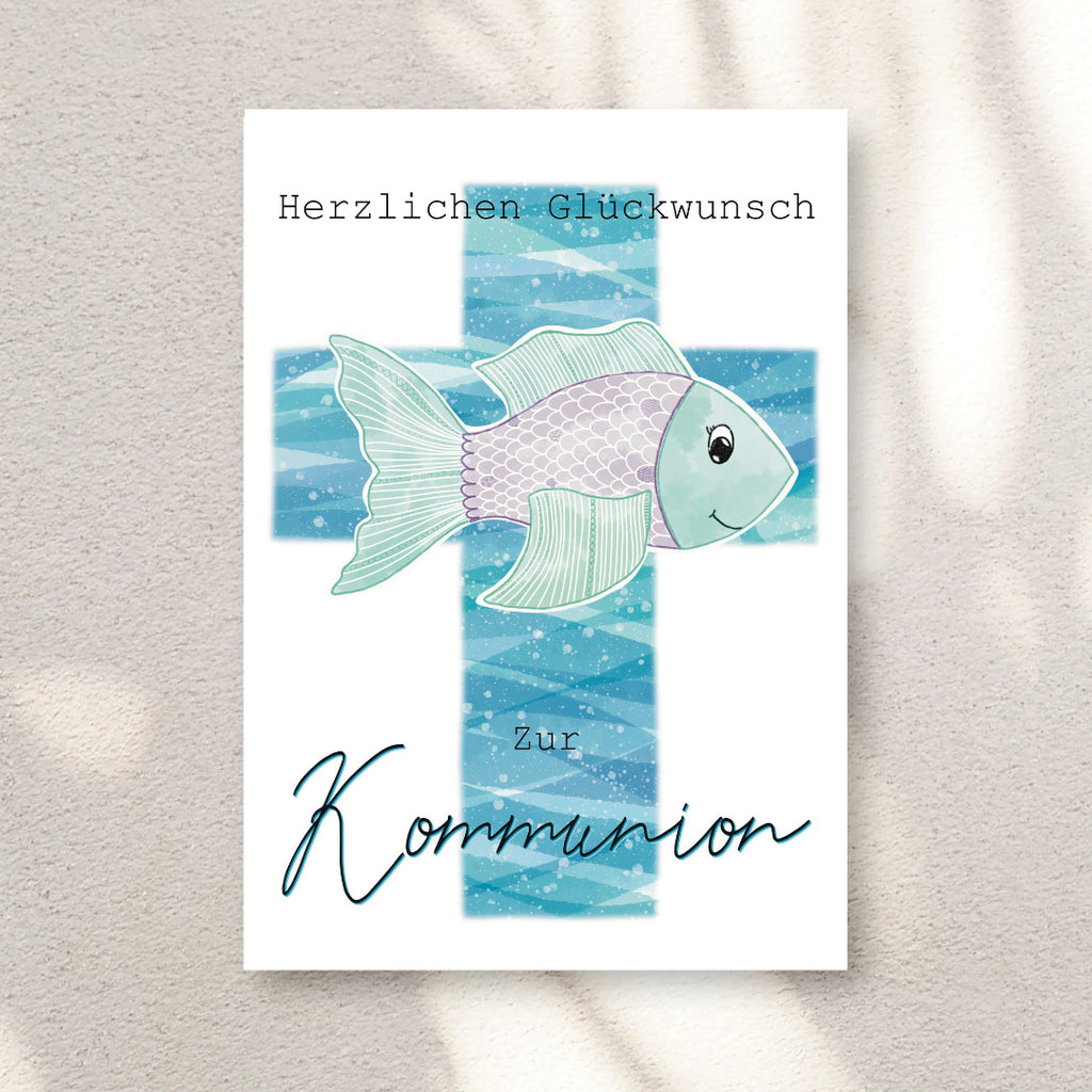 Kommunion Karte Kreuz mit Fisch