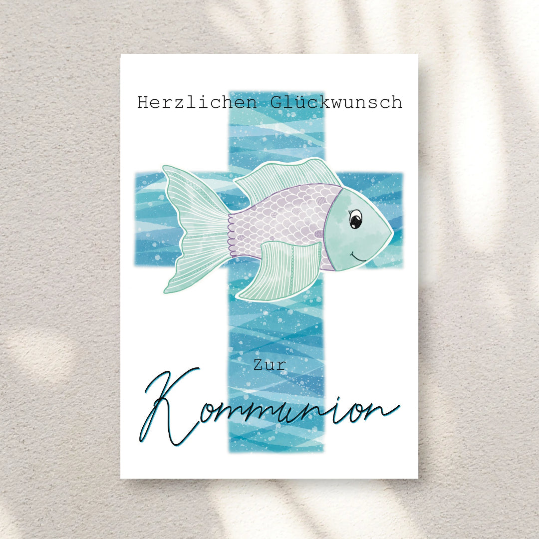 Kommunion Karte Kreuz mit Fisch