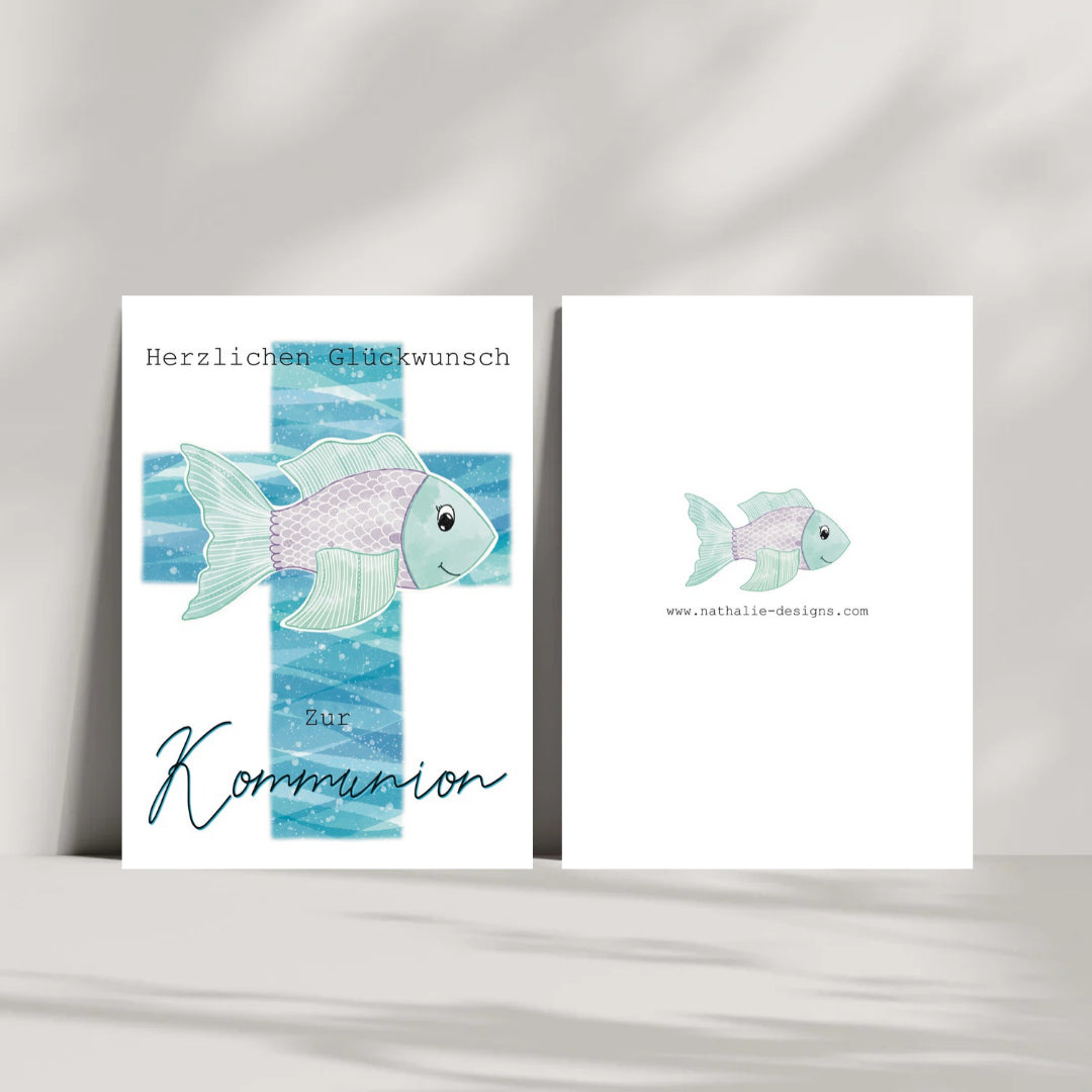 Kommunion Karte Kreuz mit Fisch