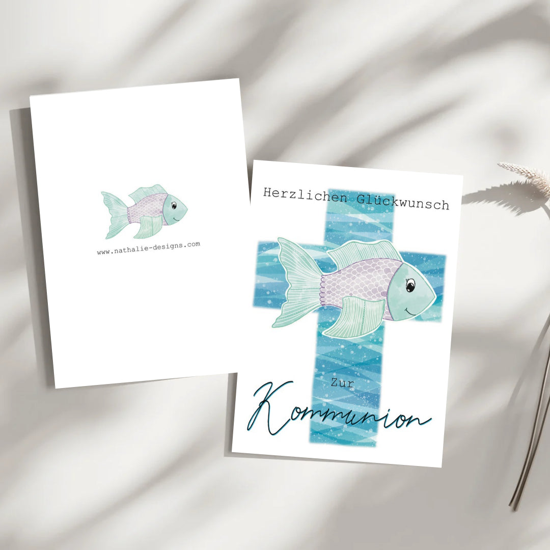 Kommunion Karte Kreuz mit Fisch