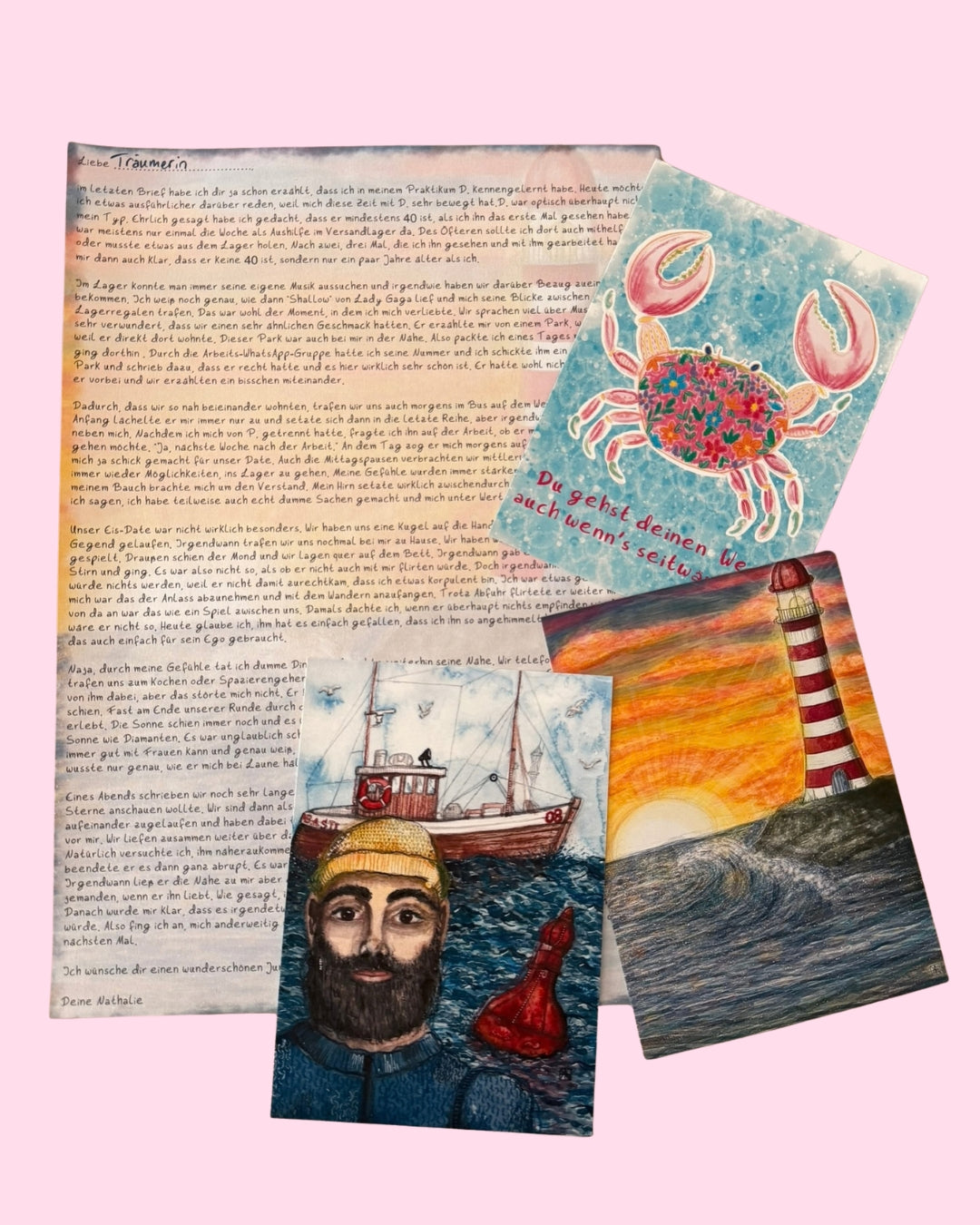 Traumpost Juni Snailmail metime Auszeit Überraschung Brief Freundin Geschichten Postkarte Kunstdruck Maritim Meer Leuchturm Krabbe Wasser Seemann Boot Sonnenuntergang 