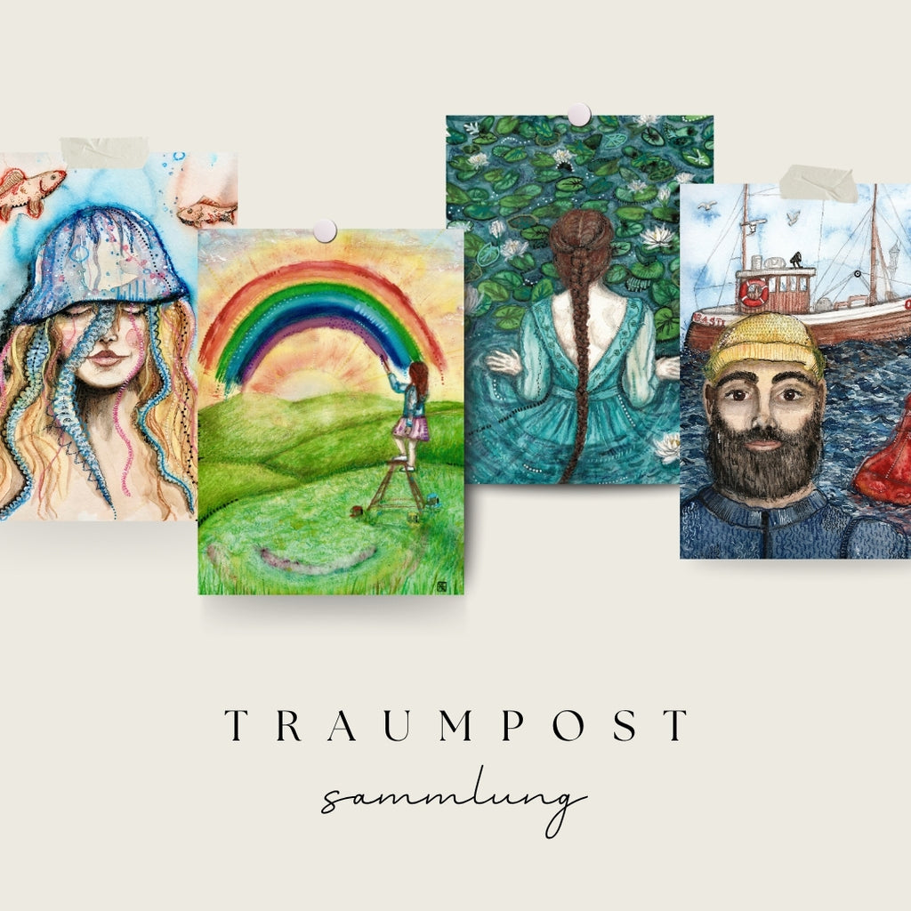 Die farbenfrohe Kunstdruckpostkarte „Regenbogenfarben“ von Nathalie-Designs zeigt ein Mädchen auf einer Leiter, das einen Regenbogen über eine sonnige Wiese malt. Eine besondere Kunstpostkarte als kleines Geschenk, Mutmacher oder Wandbild.